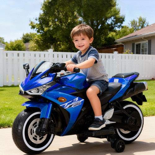 12V Electric Ride On Motorcycle for Kids, Training Wheels, Full Hand Drive Motorbike Toy, Perfect for Boys and Girls (3-8 Yrs) (Blue)