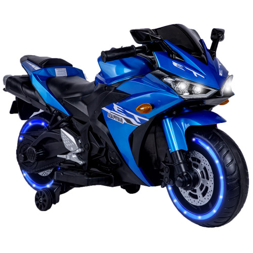 Kids Electric Motorcycle, 12V Kids Ride on Car LED Lights, Music Player & Horn with Training Wheels, Pedal, MP3, USB Port, Electric Motorcycle for Children Ages 3+, Gift for Boys & Girls（Blue）