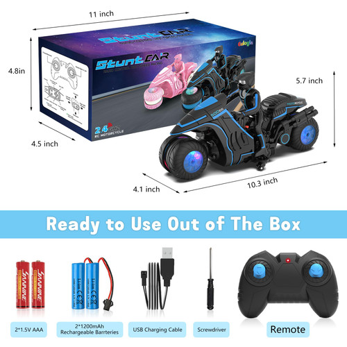 iappadore Remote Control Motorcycle Toys, Colorful Wheels Light Off-Road RC Dirt Bike with Detachable Rider, 360 Degree Rotation, High Speed, 2.4Ghz RC Motorbike Gift for Kids 5-12