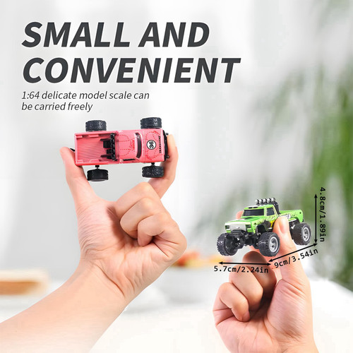 EXVQMU Mini RC Car, 1/64 Scale Mini Remote Control Monster Truck with Trailer, 2.4Ghz & APP Remote Control, Rechargeable Alloy Shell Mini RC Cars with Lights, Speed/Steering Adjustable (Blue-b)