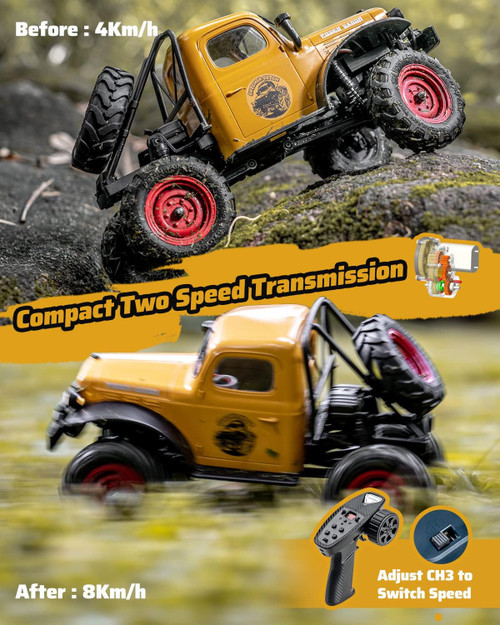 FCX24S RC Crawler 1/24 Remote Control Car, Power Wagon S 4WD RC Crawler Two-Speed Shift, RC Rock Crawler 8Km/h with Metal Gears for Adults (Red)