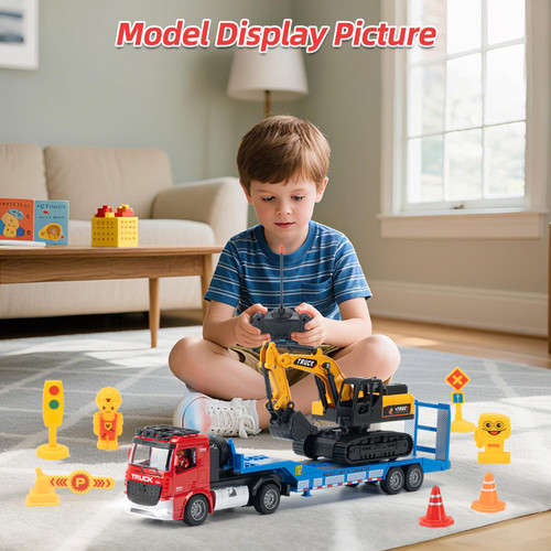 Fistone RC Semi-Trailer Truck & Friction Powered Excavator Toy Set, 1:24 Scale with Sound and Lights, 6 CH Remote Control Flatbed Truck and Inertia-Powered Excavator Toys for Kids Boys，Red