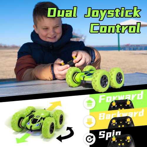 Threeking Remote Control Car 4WD 360° Flip Stunt Double Sided Driving Durable RC Cars with Breathing Soft Lights, Green, Unique Toys Gifts for Boys Girls Ages 6-12