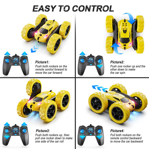 QUNREDA Remote Control Car,RC Car Toys for 6-12 Year Old Boys, Off Road RC Stunt Car 4WD 360° Rotating Remote Control Car for Kids, Boys Girls Gifts for Birthday, Christmas Yellow