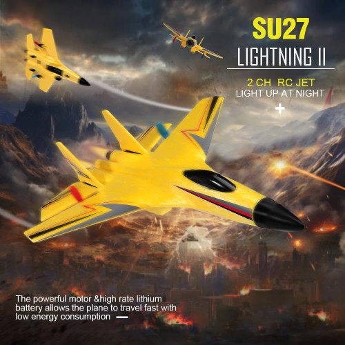 SU-27 RC Airplane,2.4GHz 2 Channel Remote Control Plane with Gyro Night Lights and 2 Batteries, Easy to Fly for Adults, Beginners and Kids Yellow Toy
