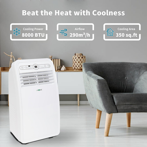 8000 BTU Compact AC Unit with Cooling, Dehumidifier, Fan, Remote Control and Window Mount Kit Included, White