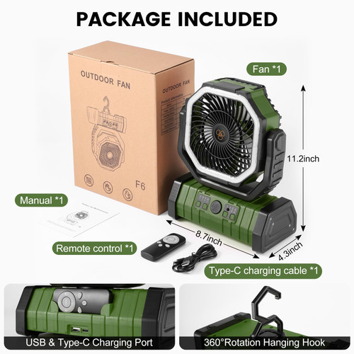 Odoland 30000mAh Camping Fan with LED Lantern, Rechargeable Battery Operated