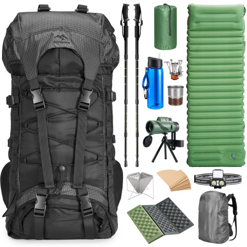 Hiking Camping Backpack Set, Casual Style with Inflatable Sleeping Pad,