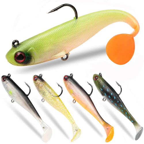 5 Pcs Pre-Rigged Soft Fishing Lures, 3.5In Paddle Tail Jig Heads Swim Bait, Realistic