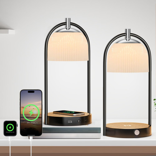 Koopala 15W Wireless Charging Bedside LED Table Lamps Set of 2, Modern Small Nightstand Lights with Type-C&USB-Port