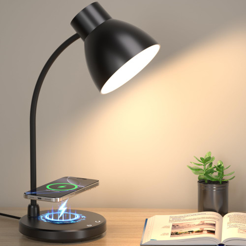 Desk Lamps for Home Office - LED Desk Lamp with Wireless Charger, 3 Color Modes Dimmable Eye-Caring Study Reading Desk Light