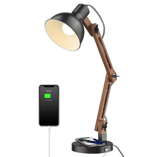 ELYONA Modern LED Desk Lamp with Upgraded Wireless Charger & USB C Charging Port Sapele Wood Table Lamp Swing Arm Bedside Reading Task Light