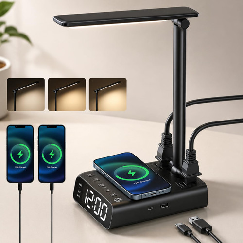 Alarm Clock with Lamp, Wireless Charging, USB-C & USB Ports, AC Outlets, Bedside Digital Clock Charging Station with Night Light
