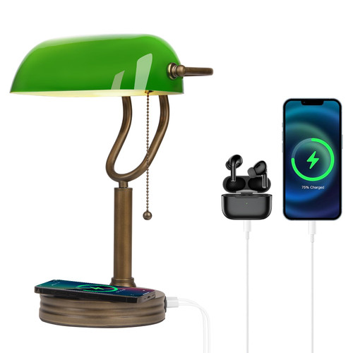 Retro Desk Lamp with USB Wireless Charging Port, Classic Pull Chain Switch Table lamp, for Home Office