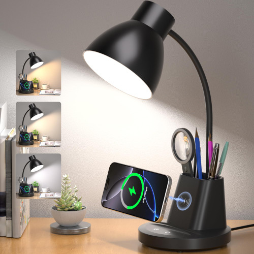 Desk Lamp for Home Office, 10W Wireless Charging, Eye-Caring LED Desk Light, CRI 95+ 3 Color Modes Stepless Dimming Pen Holder