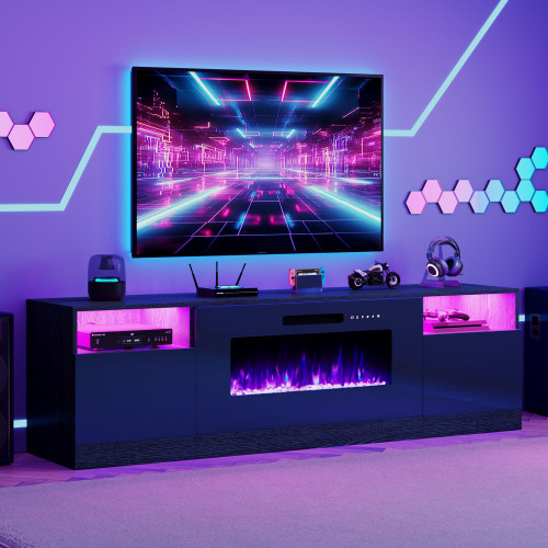 AMERLIFE 80" Fireplace TV Stand with 40" Electric Fireplace, TV Console with High Gloss Storage Cabinets and 12 Colors LED Lights