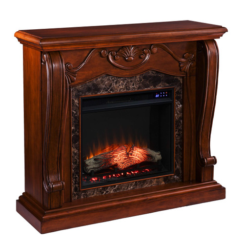 SEI Furniture Cardona Carved Wood & Faux Marble Electric Fireplace, New Walnut