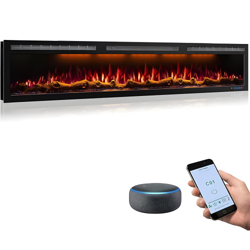 88" Electric Fireplace, Recessed/in-Wall or Wall Mounted, 80-90" Linear, Ultra-Narrow Frame, WiFi App + Alexa, 6 Flame