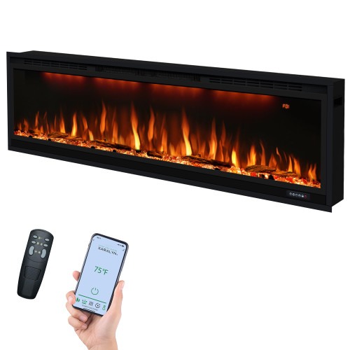 60 inch Smart Linear Electric Fireplace, Recessed and Wall Mounted Fireplace Inserts with Remote Control, Adjustable Flame Color