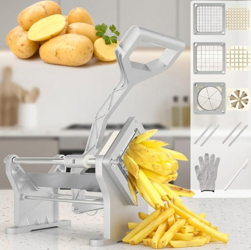 Sunvivi Commercial French Fry Cutter, Heavy Duty Potato Slicer with 3 Replaceable blades (1/2, 3/8 Inch, 6-wedge Slicer)
