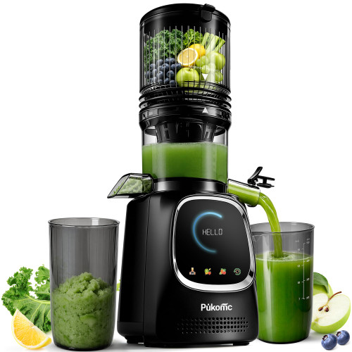 Pukomc Cold Press Juicer with Smart Display and Brushless Motor, 5.3'' Wide Mouth Feed Chute