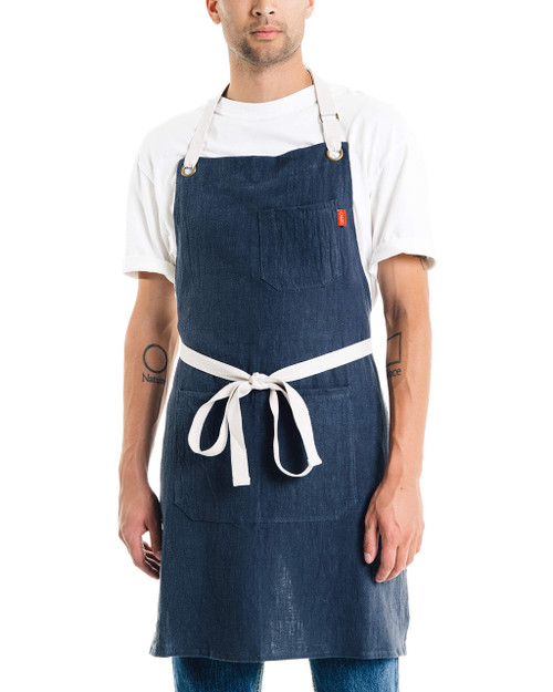 Caldo Linen Kitchen Apron for Cooking- Mens and Womens Linen Bib Apron for Professional Chef