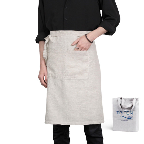 Pure Linen Bistro Half Apron - 25 x 35 Inch Unisex Waist Aprons with Large Pocket