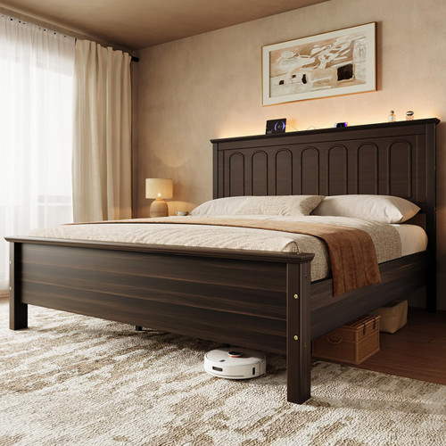 Queen Size Bed Frame with Tall Headboard, Mid Century Modern Wood Platform Bed with Charging Ports and LED Lights, Solid Wood Slat Support