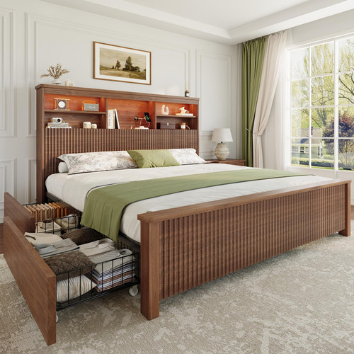 Queen Size Bed Frame and Tall Headboard & Storage, Metal Platform Bed Frame with 4 Storage Drawers, Queen Bed Frame with LED Lights & Charging Ports