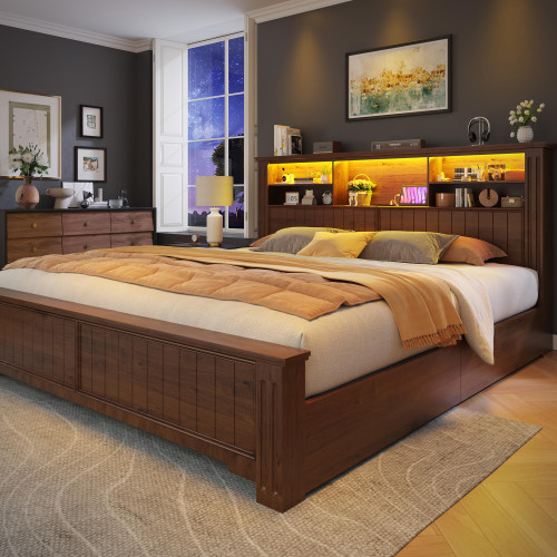 EnHomee King Size Bed Frame with 4 Storage Drawers, King Bed Frame and Headboard with LED Lights & Charging Ports