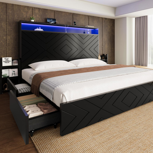 Queen Size Bed Frame with 2 Bedside Storage Racks & 4 Locking Drawers, 51.2" Tall Headboard with Charging Station & RGB LED Lights