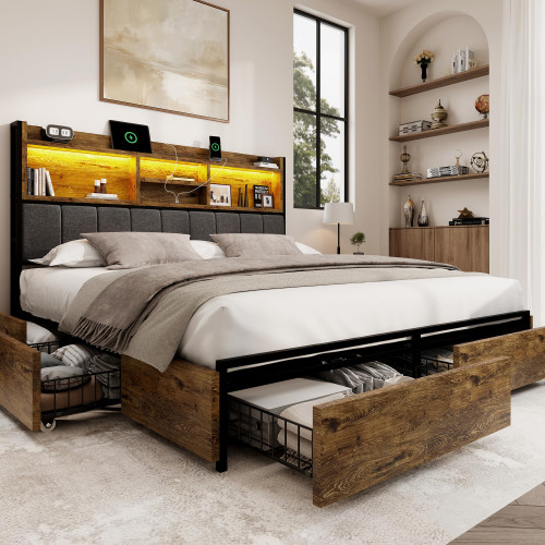 BRELTAM Queen Bed Frame with 6 Storage Drawers, Linen Upholstered Headboard, Built-in USB Charging Station & LED Lighting