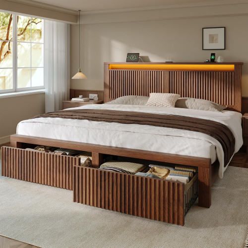 Homkdom King Bed Frame with LED Lights,Mid-Century Modern Luxury Wooden Wavy Panel Headboard,Charging Station& 2 Storage Drawers