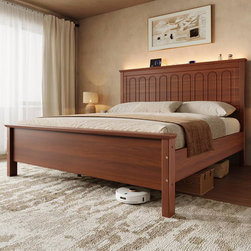 King Size Bed Frame with Tall Headboard, Mid Century Modern Wood Platform Bed with Charging Ports and LED Lights, Solid Wood Slat Support