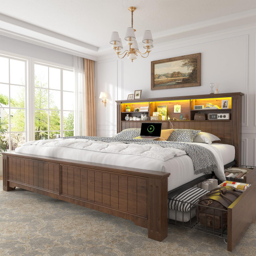 EnHomee King Size Bed Frame and Headboard & Storage,4 Drawers and LED Built in Charging Station King Bed Frame with Storage Farmhouse