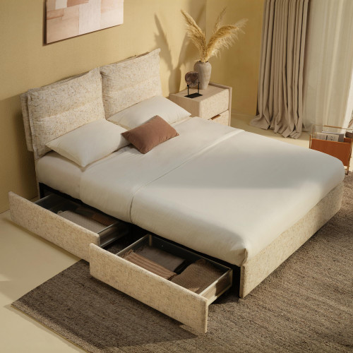 ModernMate Queen Size Bed Frame with 4 Storage Drawers & Headboard with Dual Cushions, Freya Collection Upholstered Platform Bed
