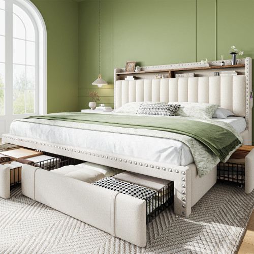 EnHomee King Bed Frame,Fabric Upholstered Bed Frame with 4 Drawers and Rivet Decor Storage Headboard, 900LBS Wooden Slats Support