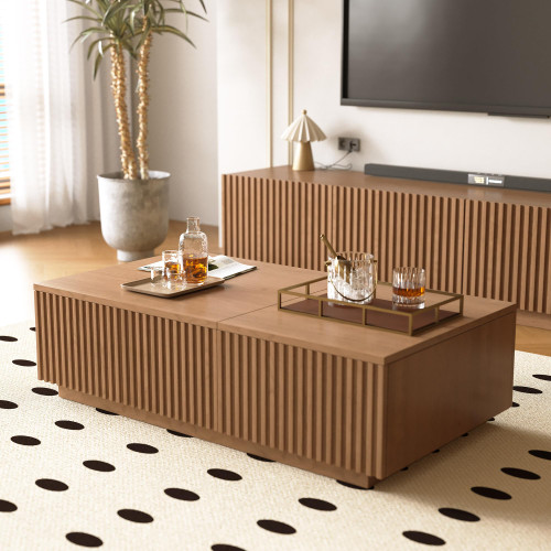 51.1" Mid-Century Modern Lift Top Coffee Table, Walnut Rectangular Center Table with Hidden Storage