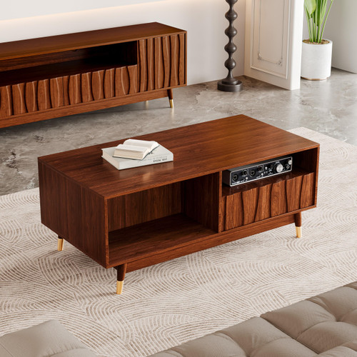 47" Wood Coffee Table for Living Room Mid Century Modern Coffee Table with 2 Drawers and Open Storage