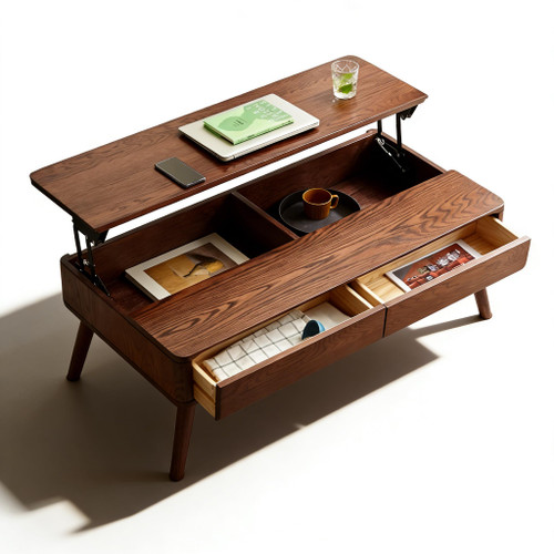 Wood Lift Top Coffee Table, 100% Solid Oak Wood Small Rising Dining Center Tables with Storage Shelf for Living Room 48D x 26W x 26H