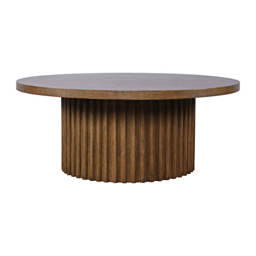 40" Round Mid-Century Modern Fluted Pedestal Coffee Table with Casters for Living Room, Accent Table, Chestnut