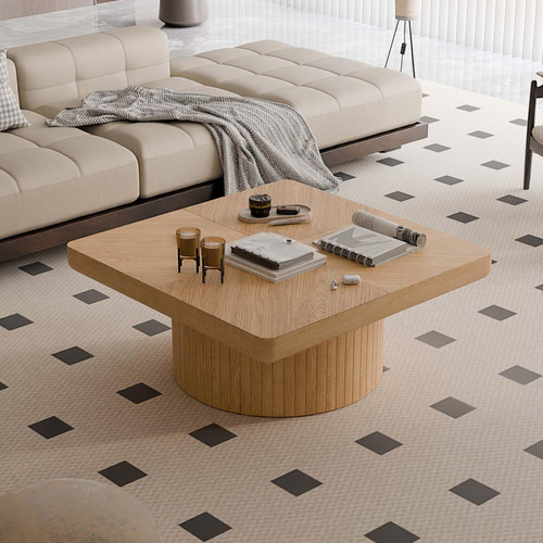 Wood Coffee Table with Parquet Pattern & Thickened Tabletop, Center Table Tea Table for Living Room Apartment, 34.6''L×34.6''W×14.9''H