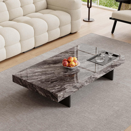 51.18" Rectangle Marble Coffee Table - Modern Gray Sintered Stone Top with Black Metal Base, Large Living Room