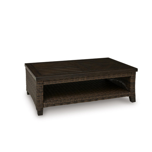 Beach Outdoor Coffee Table, Resin Wicker with Aluminum Frame and Wood‑Look Finish for Patio, Deck and Poolside Seating, 48" x 30"