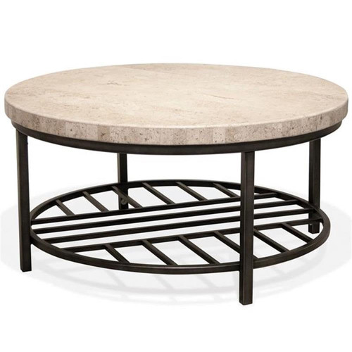 BOWERY HILL Contemporary Round Stone Top Coffee Table in Alabaster Travertine for Living Room, 36" D x 36" W x 18" H