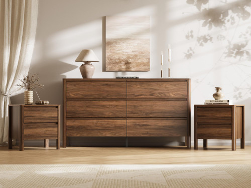 MAISONARIA Walnut 3-Piece Dresser Bedroom Set, 6 Drawers Dresser & 2 Drawer Nightstands with Hidden Handles