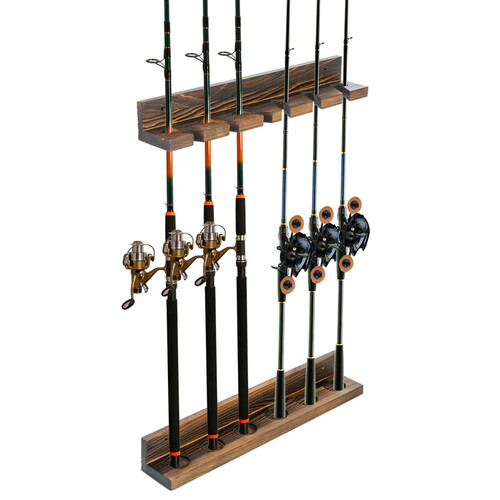 MyGift Fishing Rod Holder, Wall Mounted Burnt Wood Fishing Pole Holders