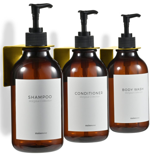Shampoo and Conditioner Dispenser Wall Mounted Set of 3 Amber Gold - No Drill Shower Soap Dispenser for Bathroom Refillable - Spa Hotel Style Accessories by MaisoNovo