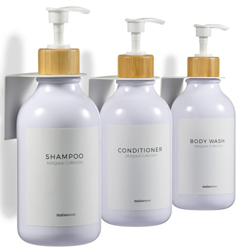 Shampoo and Conditioner Dispenser Wall Mounted Set of 3 White Bamboo - No Drill Shower Soap Dispenser for Bathroom Refillable - Spa Hotel Style Accessories by MaisoNovo