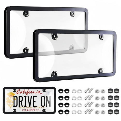 Uliche 2 Pack Universal Transparent Car License Plate Cover & Frames Combo Clear colorless License Plate Protector with Screws & Caps, Rust-Proof, Unbreakable for Most US Standard Cars